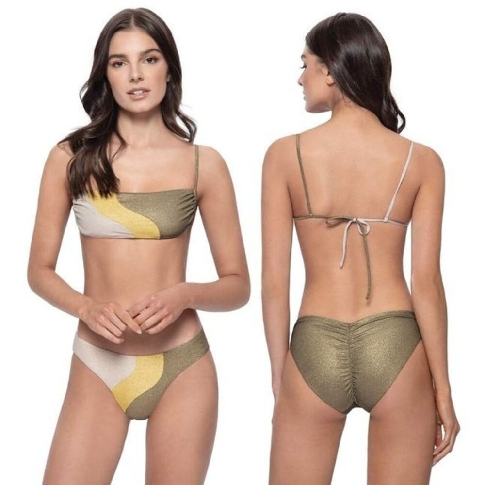 PQ Swim Haven Luna Wave Two Piece Bikini Set Small Full Bottoms D Bandeau Top